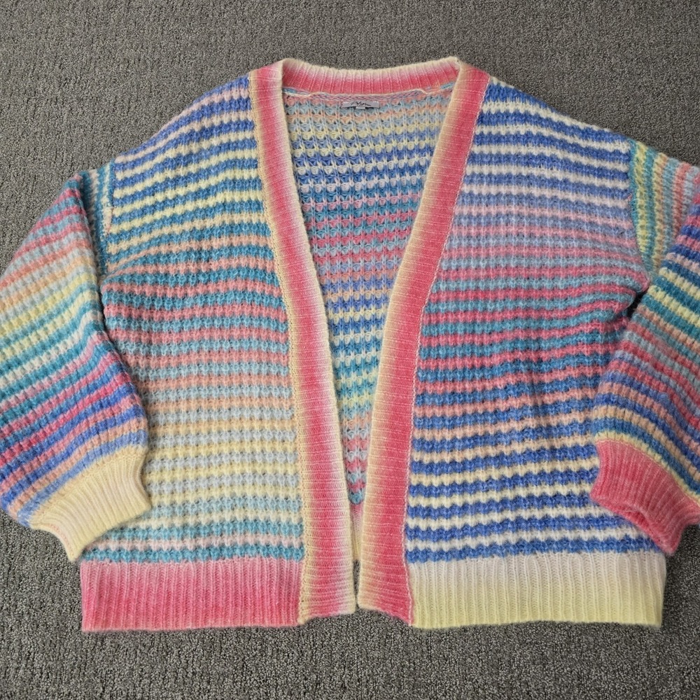 Pastel Rainbow Chunky Knit Cardigan Balloon Sleeve Open Front L